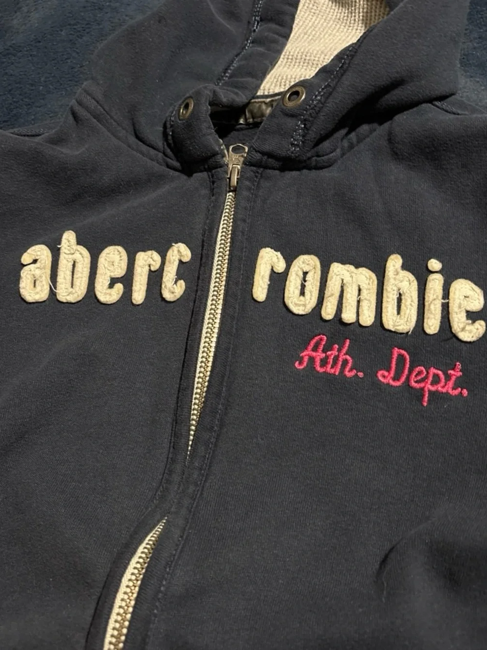 abercrombie kids navy zip-up hoodie with cream lettering